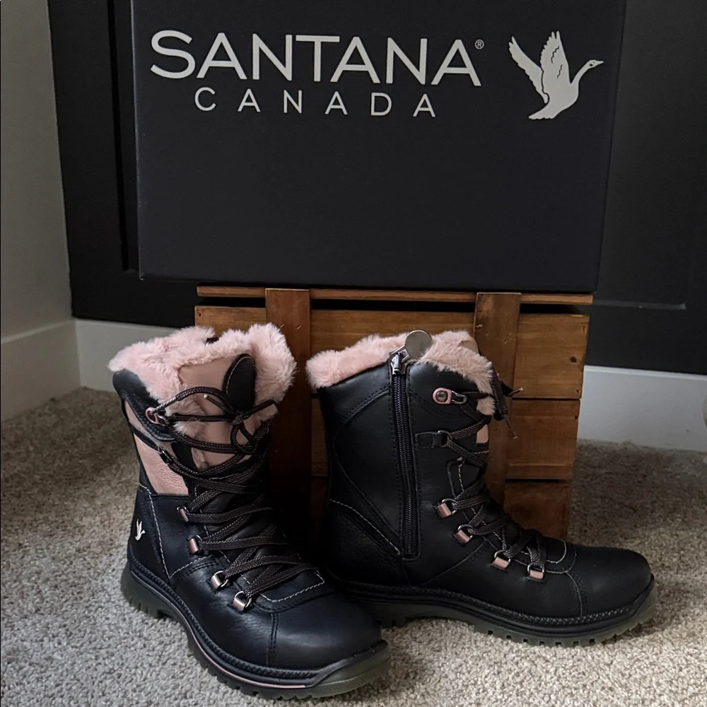 Santana Canada Majesta 3 Women's Black Leather and‎ Pink Fur-Lined Boots size 8